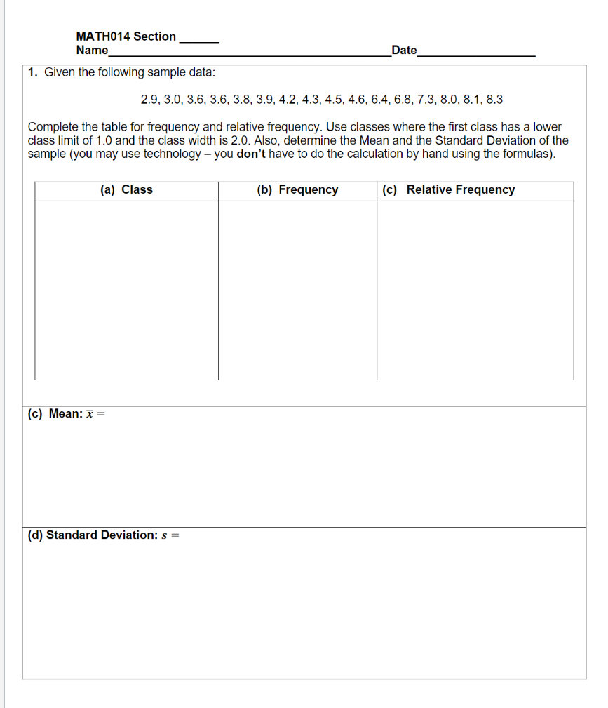 Solved 1. Given the following sample data: | Chegg.com