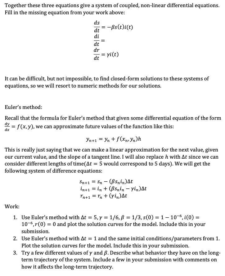 Solved This project will investigate the SIR model and use | Chegg.com