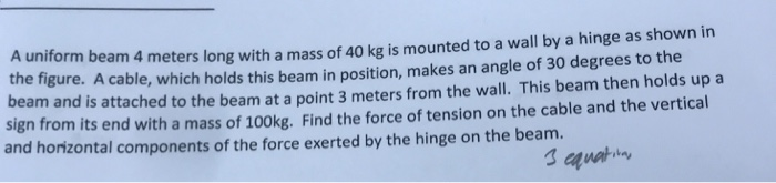 Solved A uniform beam 4 meters long with a mass of 40 kg is | Chegg.com