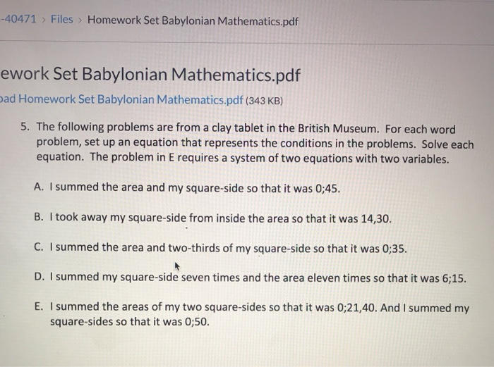 Babylonian Math Problem Examples Solved Files> Homework Set Babylonian Mathematics.pdf -40471 | Chegg.com