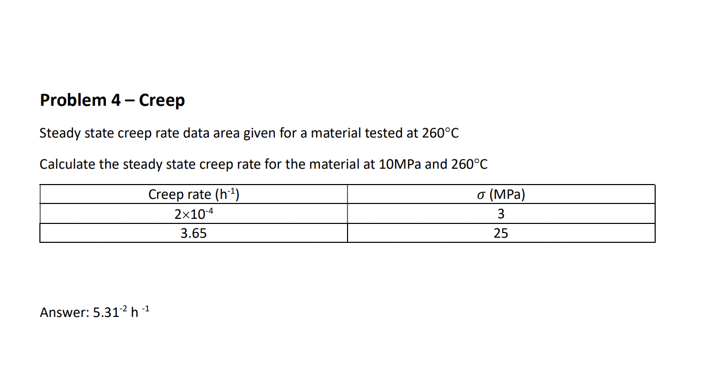 Solved Problem 4-Creep Steady state creep rate data area | Chegg.com
