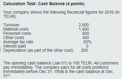 Solved Calculation Task: Cash Balance (4 points) Your | Chegg.com