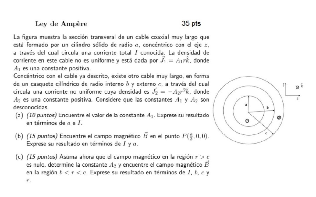 Ley de Ampère 35 pts La figura muestra la sección transveral de un cable coaxial muy largo que está formado por un cilindro s