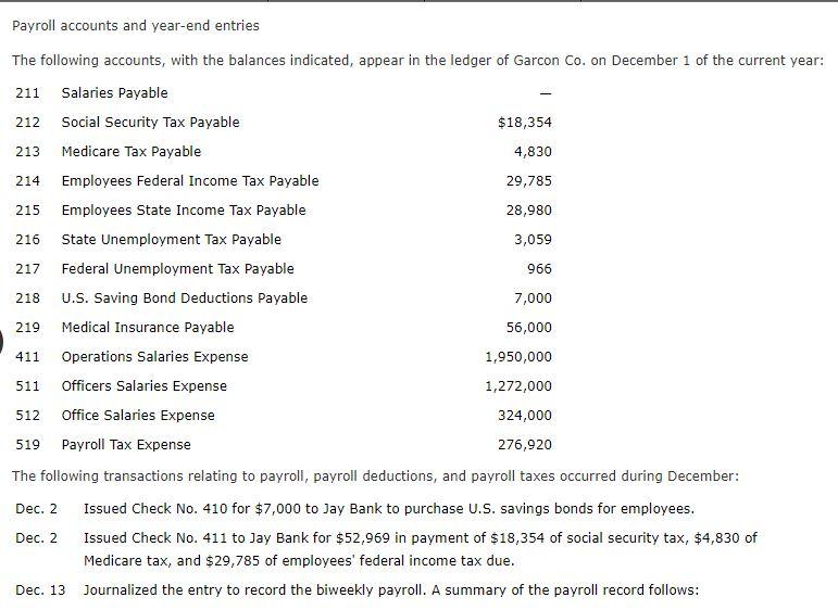 Solved Payroll accounts and year-end entries The following | Chegg.com