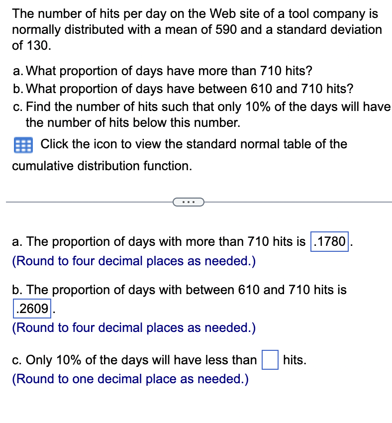 The number of hits per day on the Web site of a tool company is normally distributed with a mean of 590 and a standard deviat