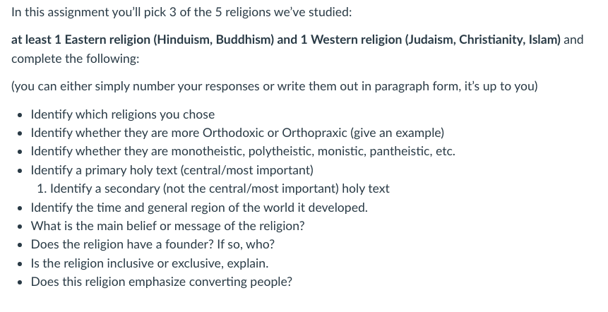 Solved In This Assignment You'll Pick 3 Of The 5 Religions | Chegg.com