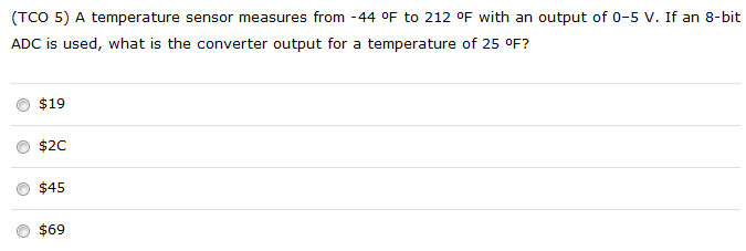 Solved (TCO 5) A temperature sensor measures from - 44 OF to | Chegg.com