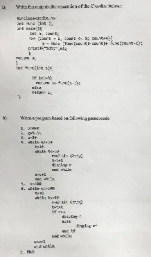a) Write the output after execution of the C codes below: #include<stdio.h> int fung (int); int main int n, counts for (count