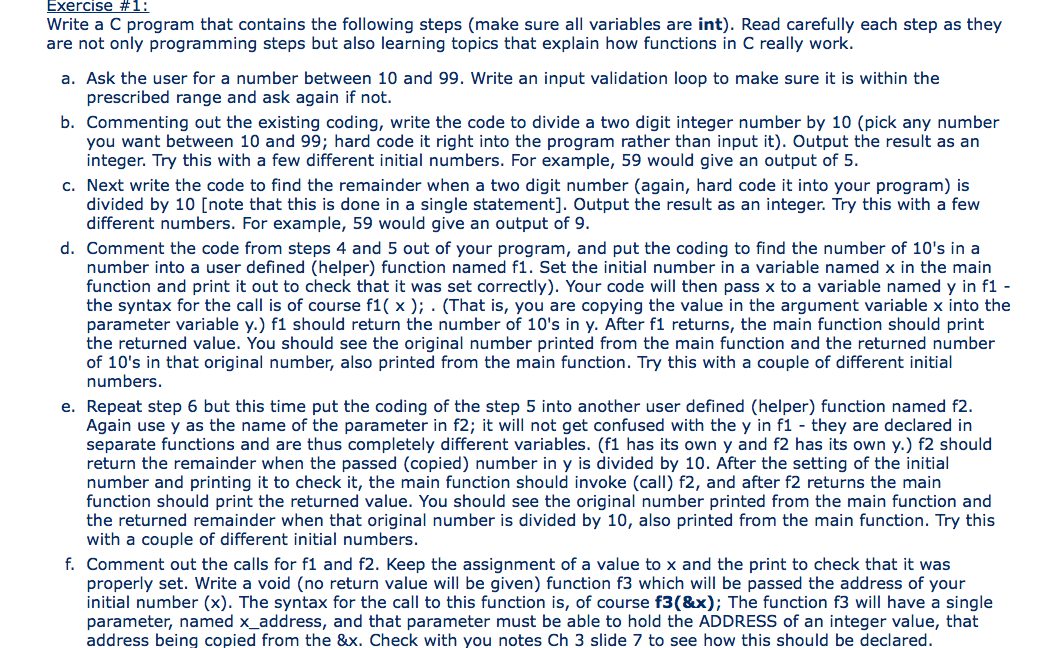 Solved Exercise #1: Write a C program that contains the | Chegg.com