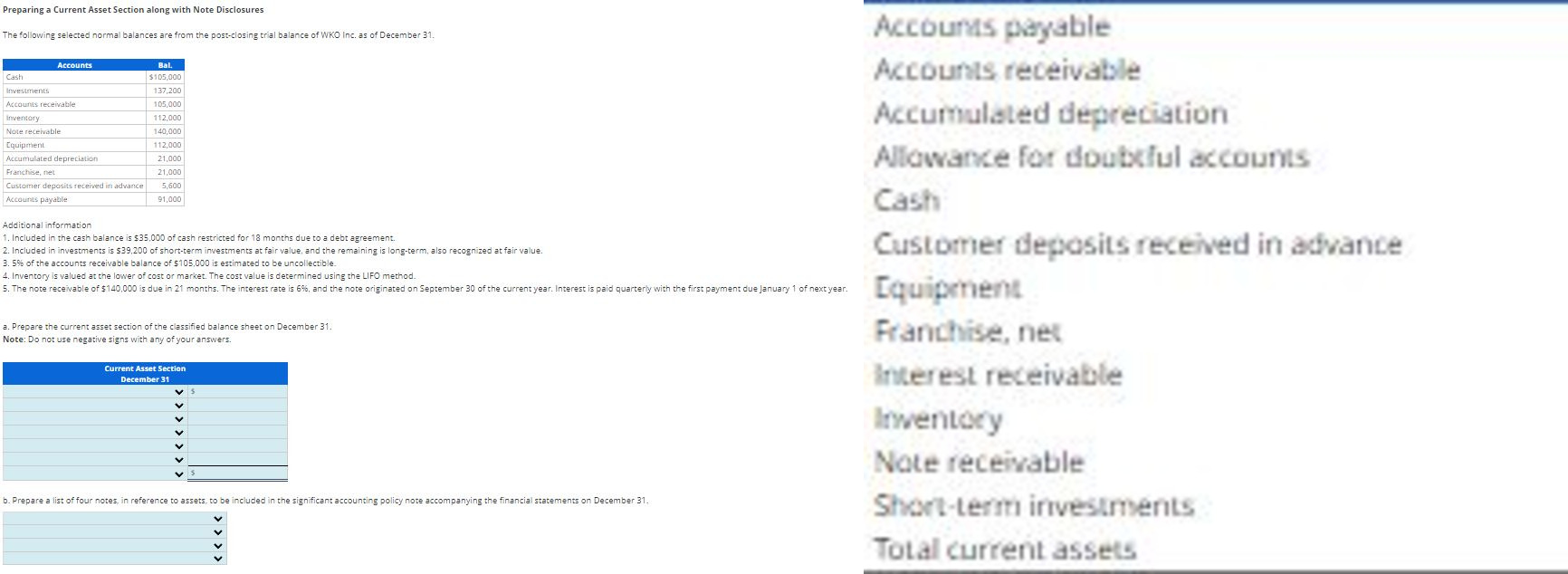 Solved Preparing a Current Asset Section along with Note