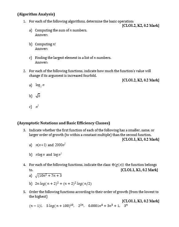 Solved (Algorithm Analysis) 1. For each of the following | Chegg.com