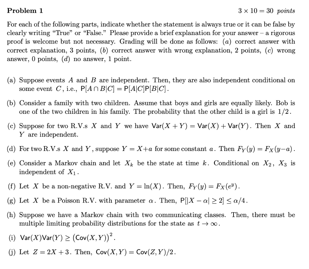 Problem 1 3 x 10- 30 points For each of the following | Chegg.com