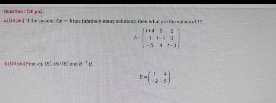 Solved Question 1 (20 Pts): A) (10 Pts) If The System Ax = B | Chegg.com