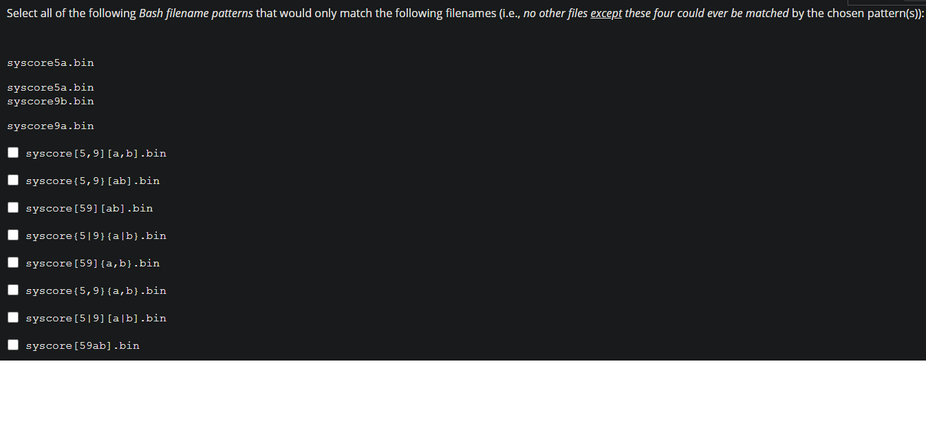 Solved Select all of the following Bash filename patterns
