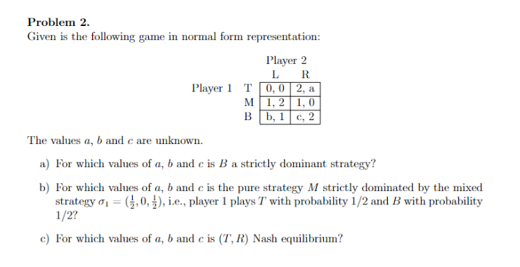 Solved Problem 2. Given Is The Following Game In Normal Form | Chegg.com