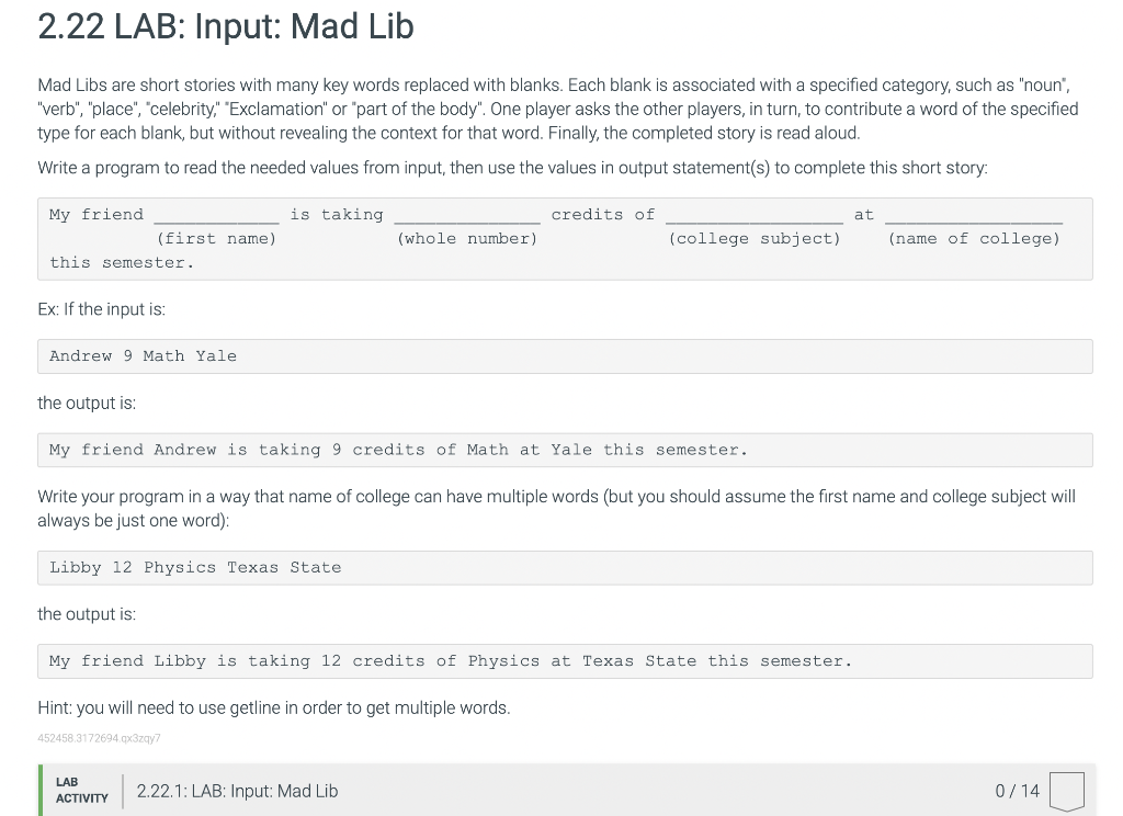 Solved 2.22.1: LAB: Input: Mad Lib 0/14 Main.cpp Load | Chegg.com