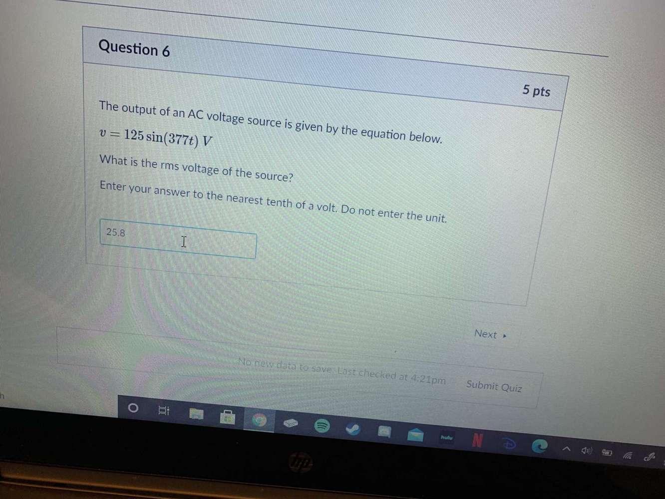 Solved Question 6 5 pts The output of an AC voltage source | Chegg.com