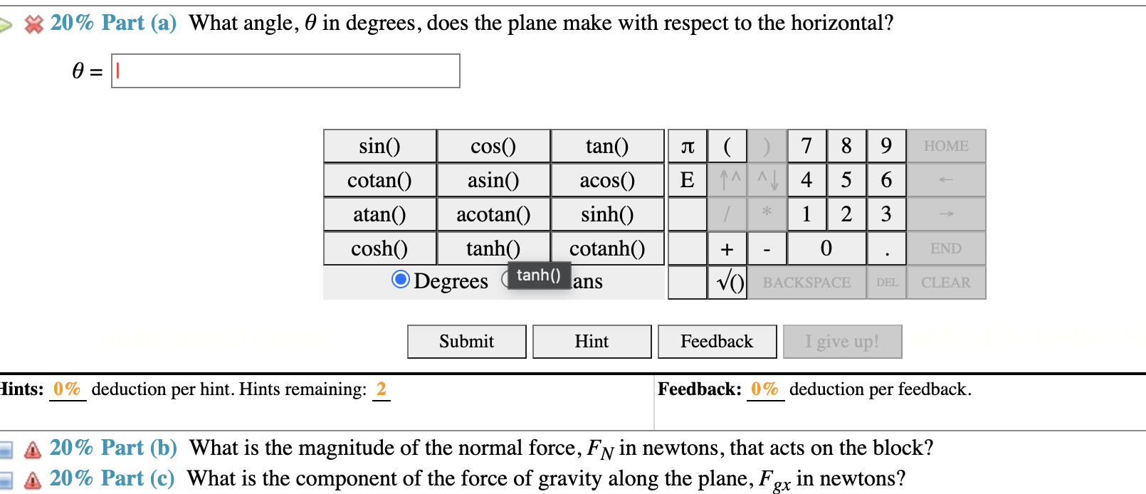 Solved 20% Part (a) What angle, θ in degrees, does the plane | Chegg.com