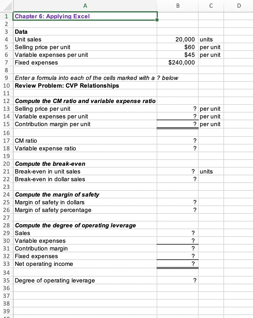 Solved Download the Applying Excel form and enter formulas | Chegg.com