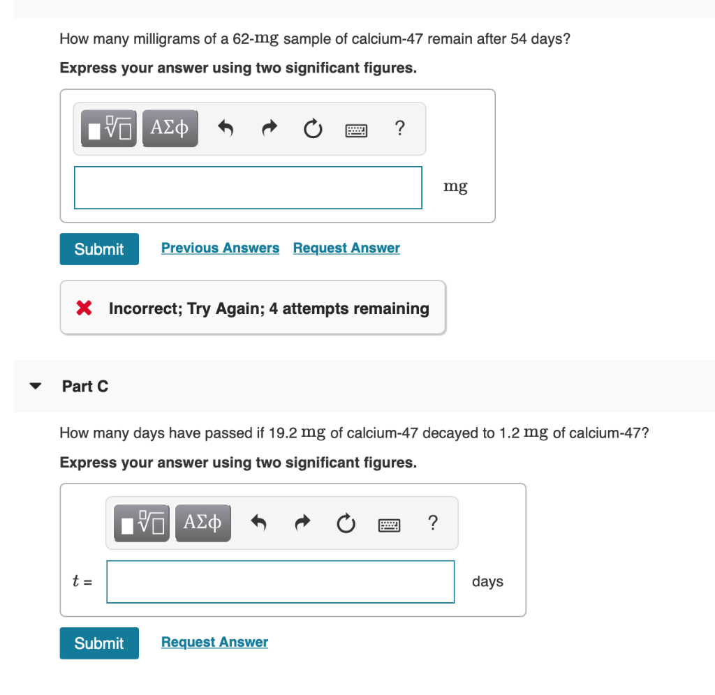 Solved How many milligrams of a 62-mg sample of calcium-47 | Chegg.com