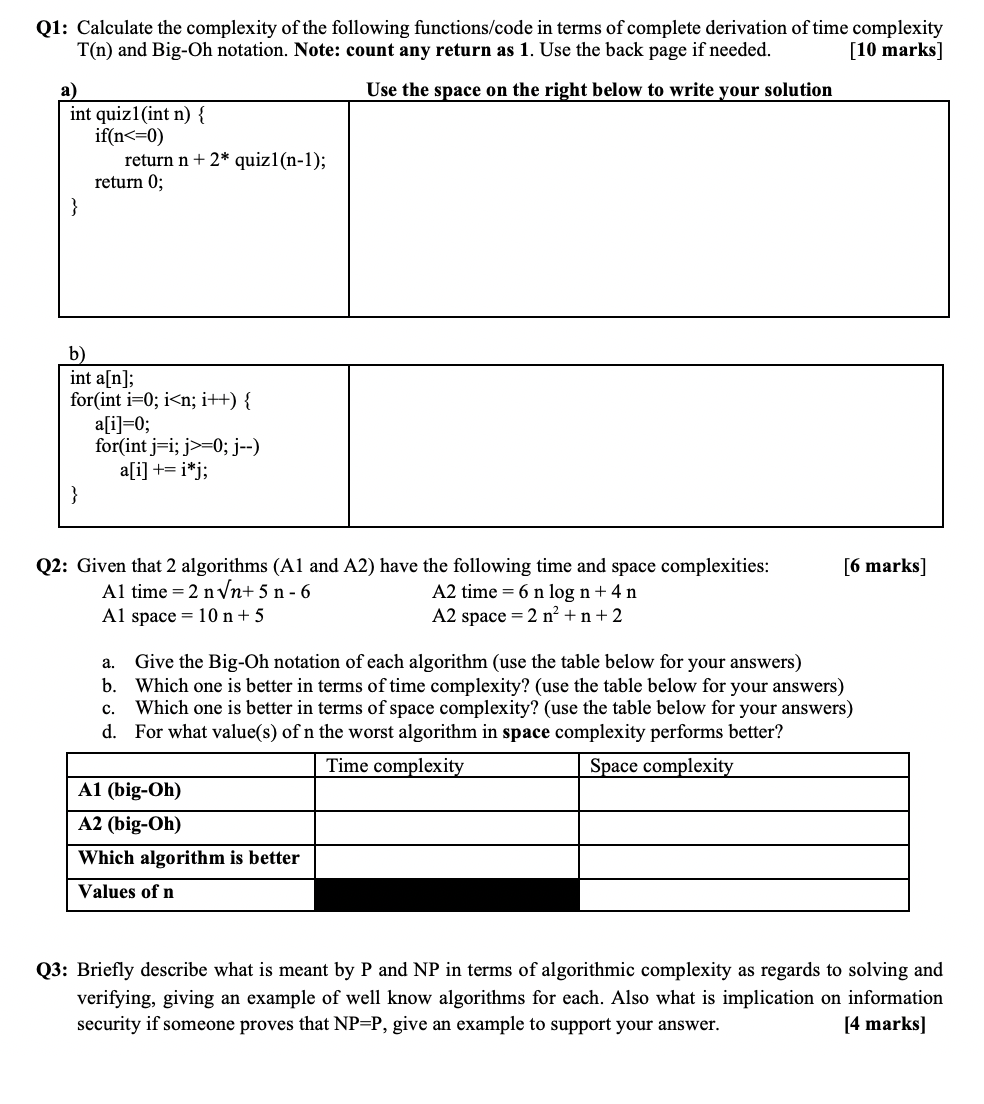 Q1 Calculate The Complexity Of The Following Chegg Com