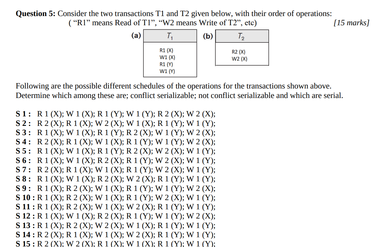 Solved Question 5: Consider The Two Transactions T1 And T2 | Chegg.com