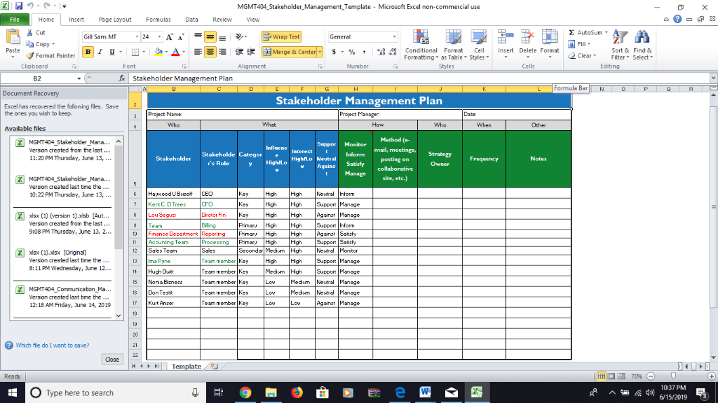 |I MGMT404 Stakeholder_Management Template Microsoft Excel non-commercial use File Home Insert Page Layout Formulas Data Revi