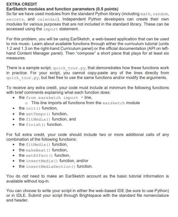 Solved EXTRA CREDIT EarSketch modules and function