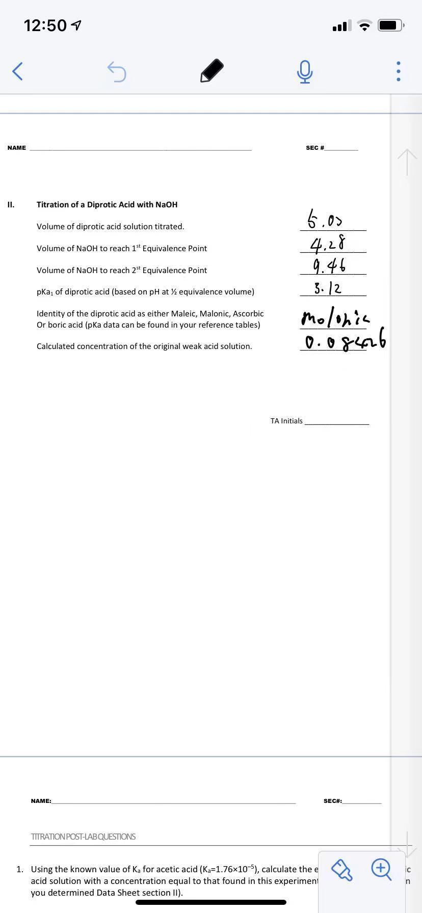 Solved NAME SEC TITRATION POSTLAB QUESTIONS 1. Using the