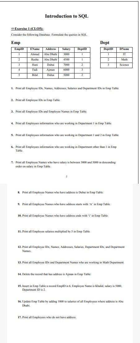 Solved Introduction to SQL Exercise 1 (CLOS): 1 Consider the | Chegg.com