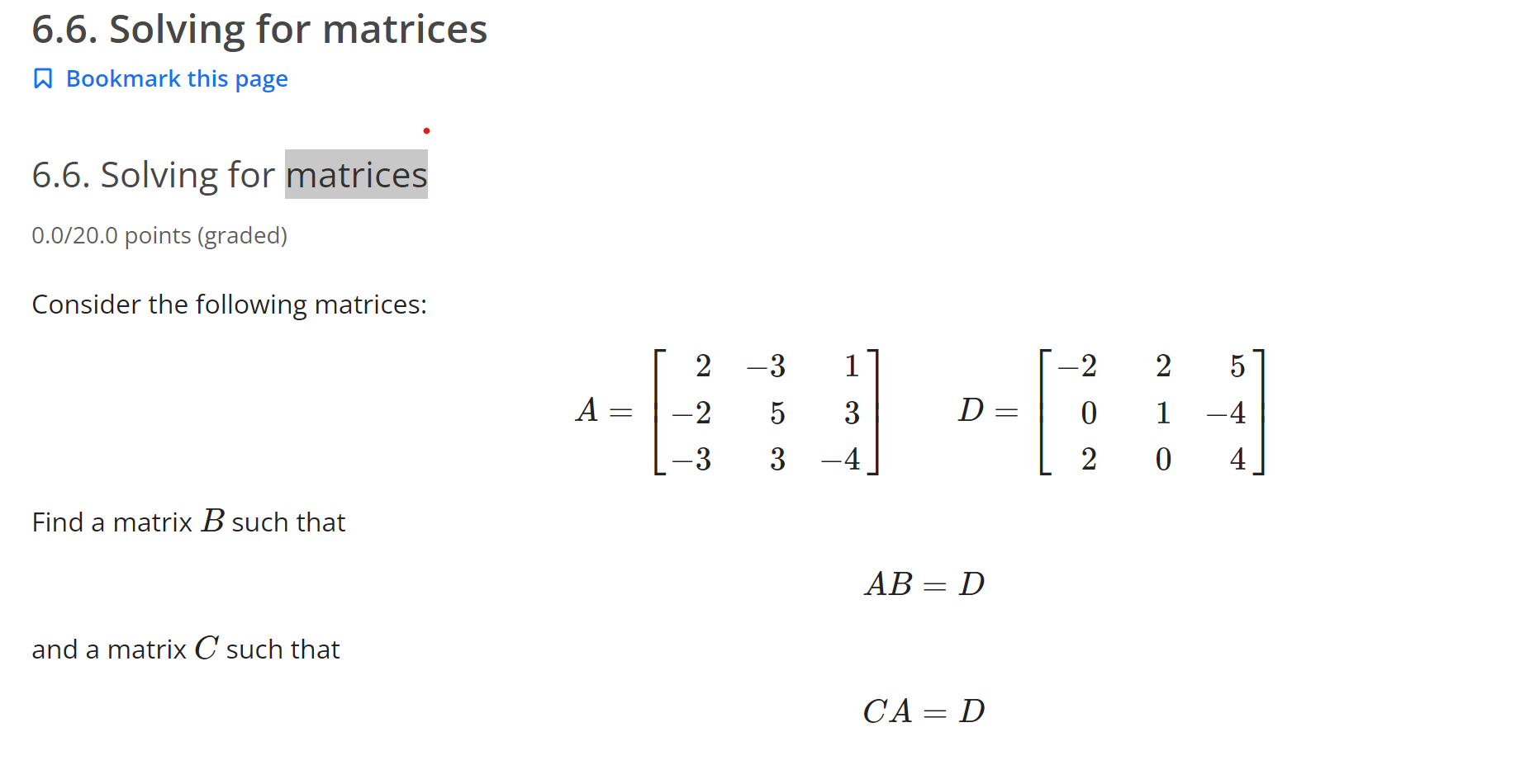 Solved 6.6. Solving For Matrices ๑ Bookmark This Page 6.6. | Chegg.com