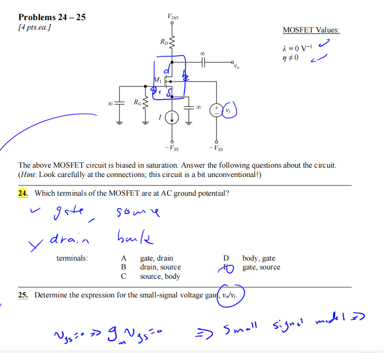 Solved VDD Problems 24 - 25 [4 pts.ea.] MOSFET Values: RD w | Chegg.com
