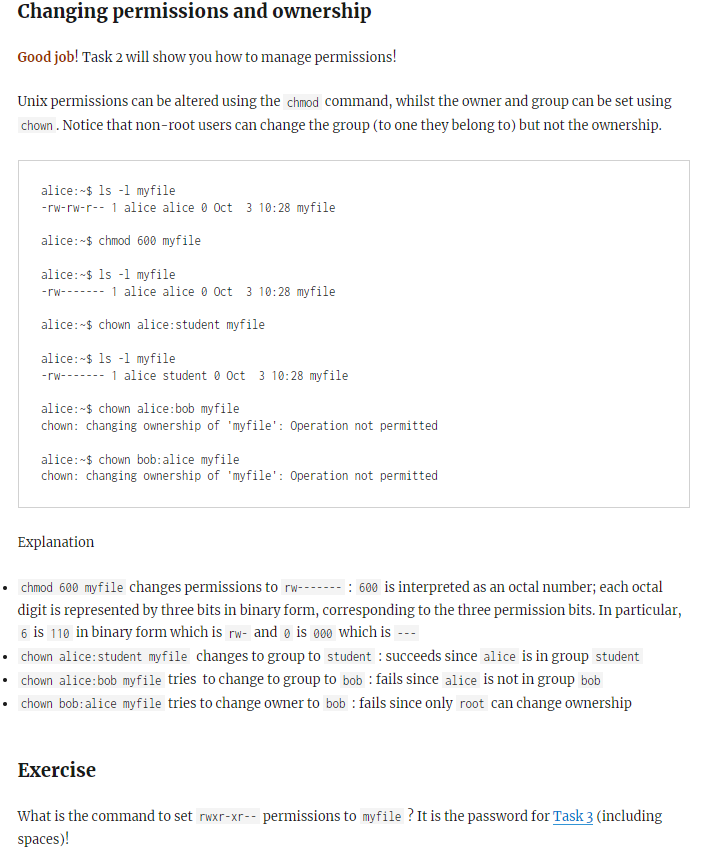 Solved Changing permissions and ownership Good job! Task 2 | Chegg.com