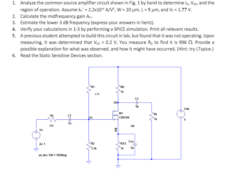Solved 1. Analyze the common source amplifier circuit shown | Chegg.com