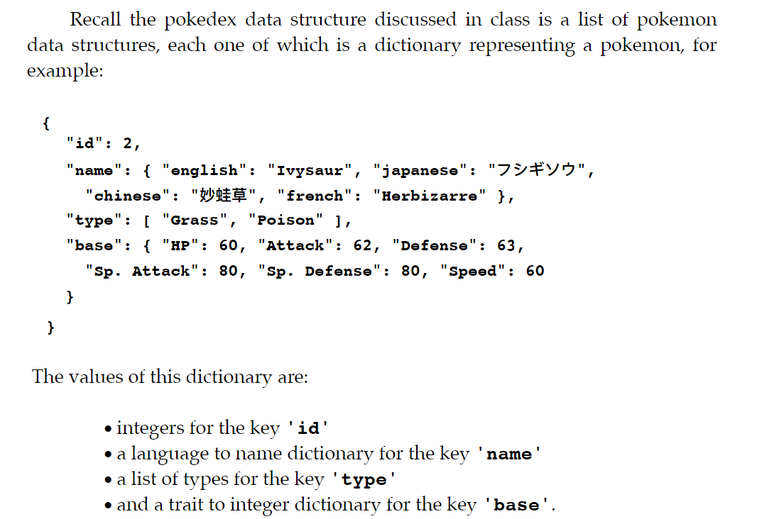 For this problem we have included the full pokedex | Chegg.com