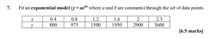 Solved 7. Fit an exponential model (y = aebx where a and b | Chegg.com