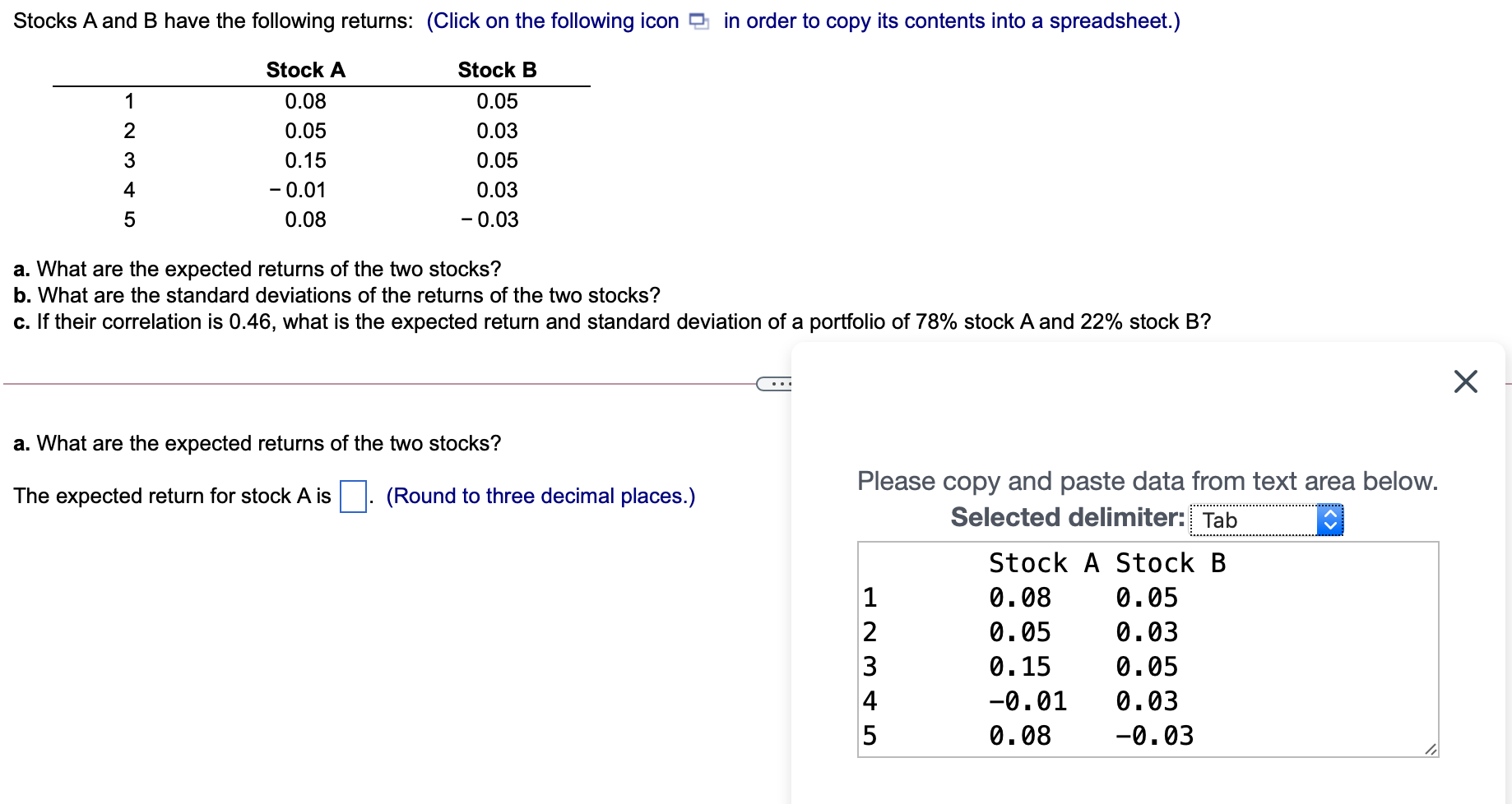 Solved Stocks A And B Have The Following Returns: (Click On | Chegg.com