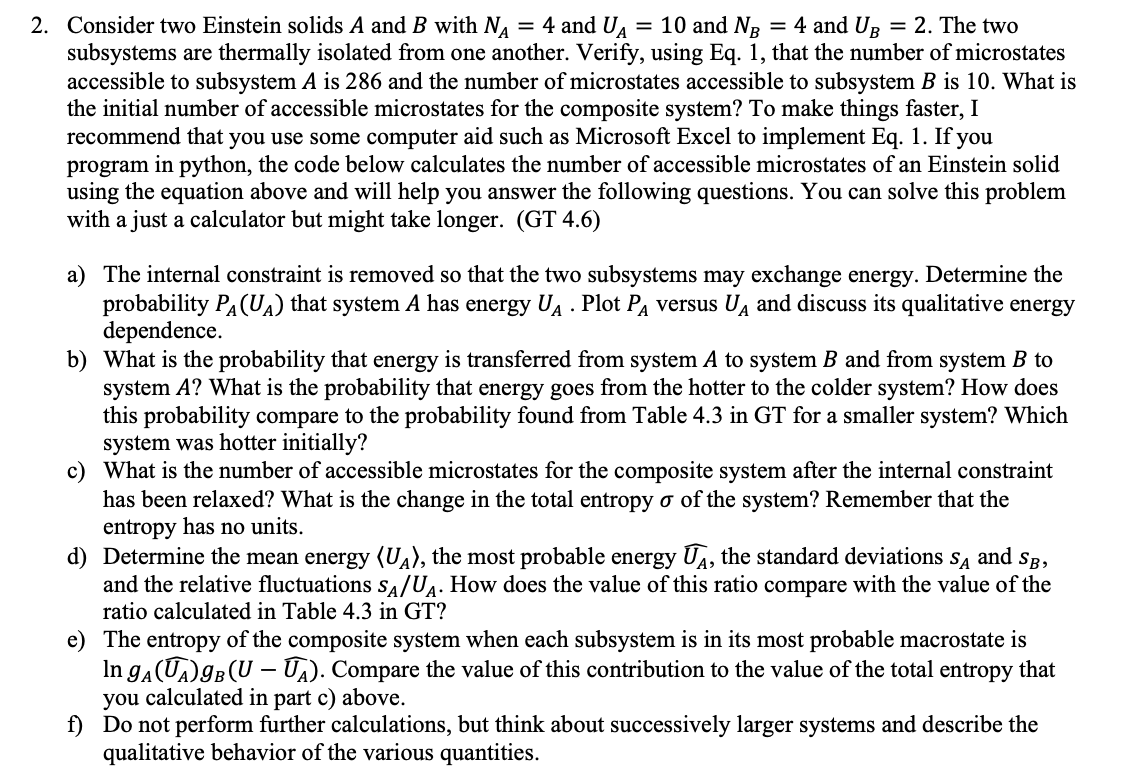 2. Consider Two Einstein Solids A And B With NĄ = 4 | Chegg.com