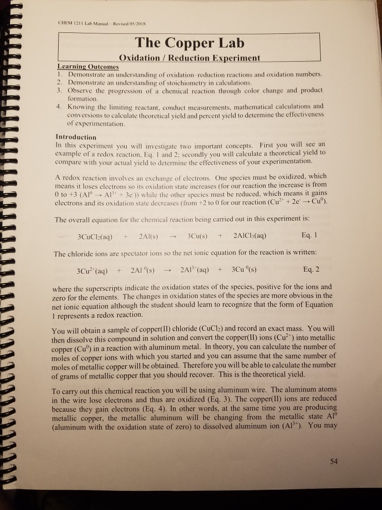 Solved CHEM 1211 Lab Manual Revised 05/2018 The Copper Lab | Chegg.com