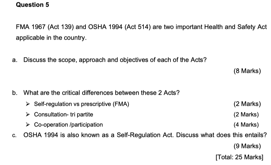 Solved Question 5 FMA 1967 (Act 139) and OSHA 1994 (Act 514)