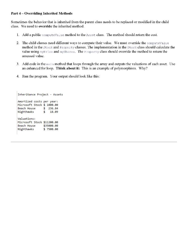 Solved 2212 Java Software Dev I Week 11 - Asset Inheritance | Chegg.com