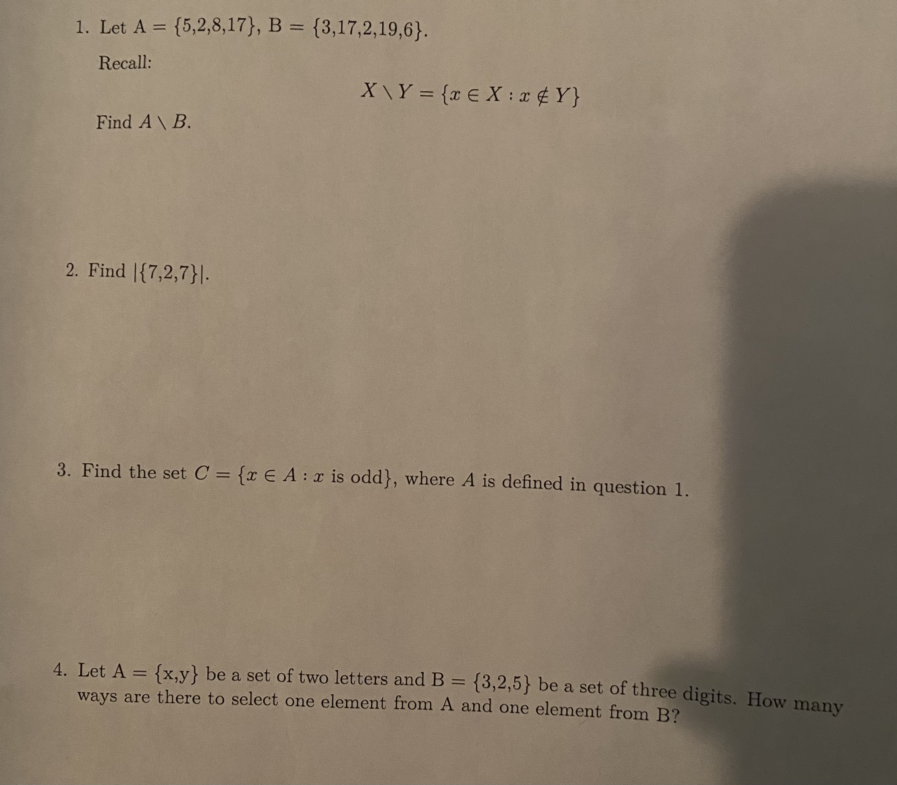 Solved 1. Let A={5,2,8,17},B={3,17,2,19,6}. Recall: | Chegg.com