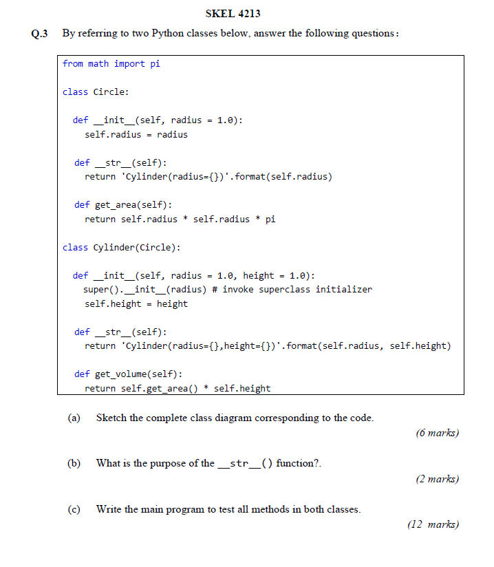 Solved SKEL 4213 Q.3 By referring to two Python classes | Chegg.com