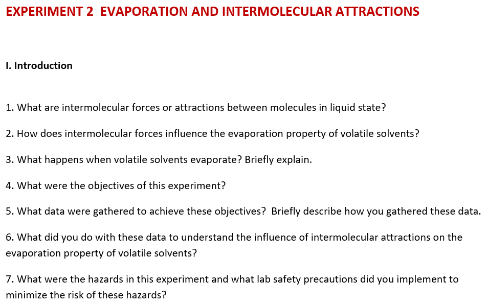 Solved EXPERIMENT 2 EVAPORATION AND INTERMOLECULAR