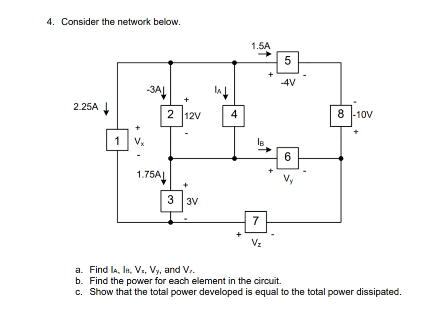 Solved 4. Consider the network below. 1.5A -4V -ЗА 2.25A 12V | Chegg.com