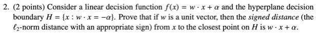 Solved 2. (2 points) Consider a linear decision function | Chegg.com