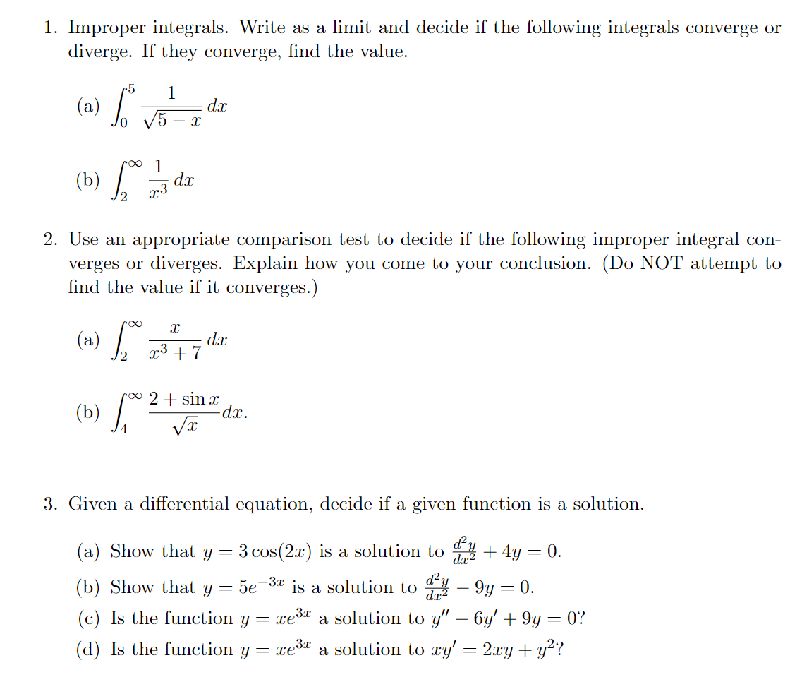 Solved (b) ſi 1. Improper Integrals. Write As A Limit And | Chegg.com