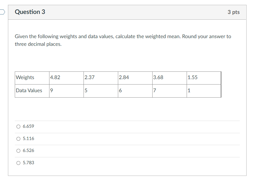 Solved Question 3 3 pts Given the following weights and data | Chegg.com