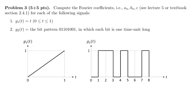 Problem \( 3(5+5 \mathrm{pts}) \). Compute the Fourier coefficients, i.e., \( a_{n}, b_{n}, c \) (see lecture 5 or textbook s