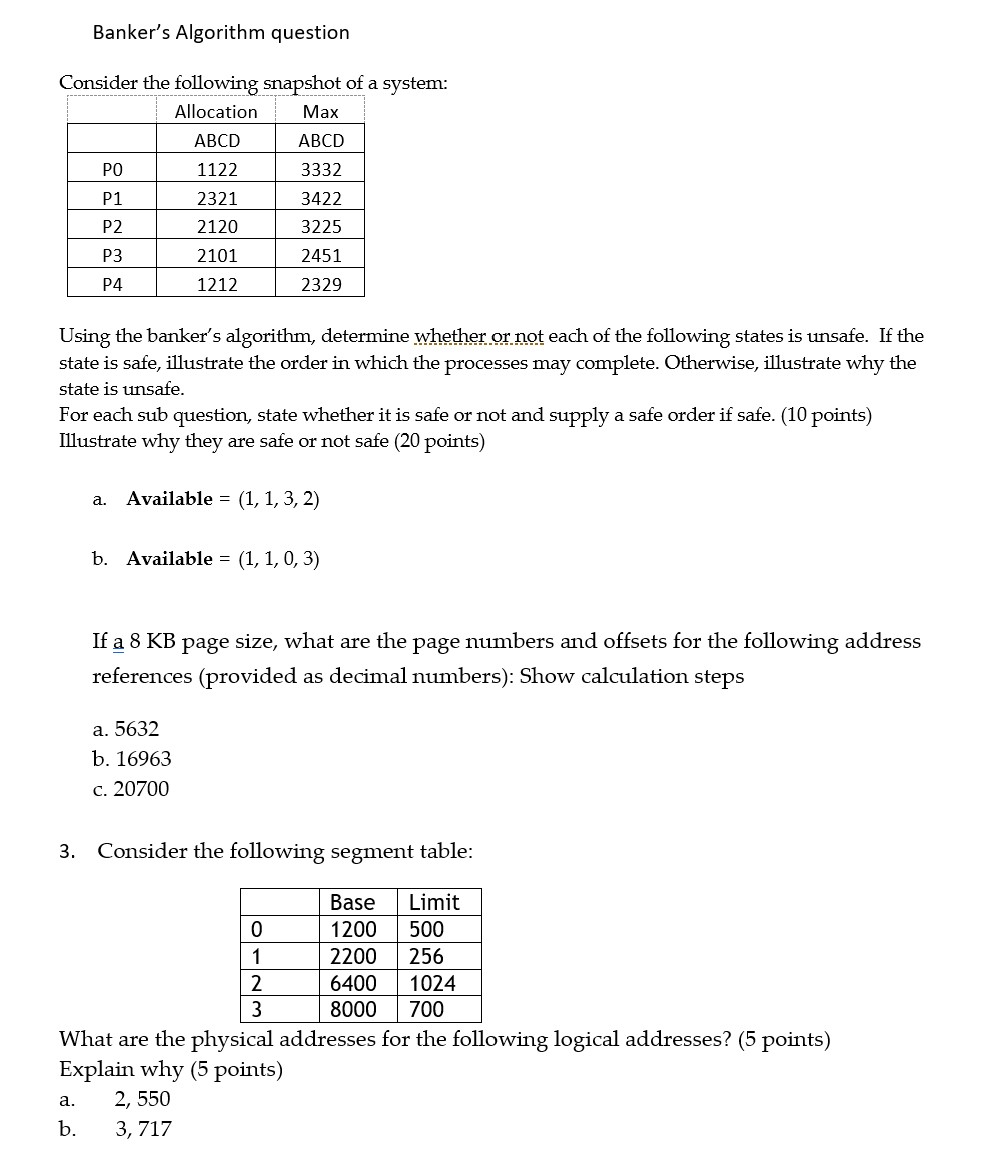 Solved Banker's Algorithm question Consider the following | Chegg.com